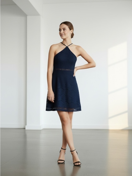 Dresses & Skirts - Navy Halter Lace A-Line Dress